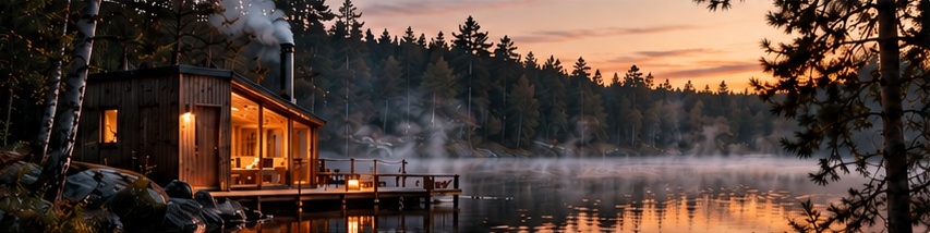 Lakeside sauna at sunset